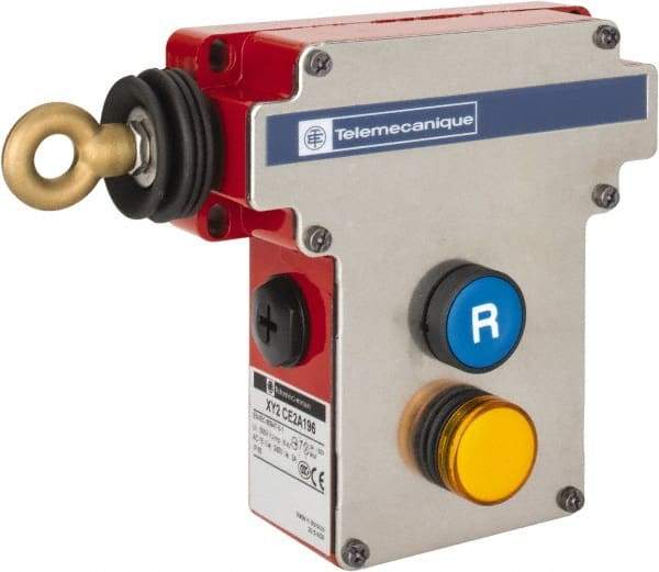 Telemecanique Sensors - 10 Amp, 2NO/2NC Configuration, Left Hand Operation, Rope Operated Limit Switch - Pushbutton Reset, Cable Pull, Pilot Light Indicator, 300 VAC - Apex Tool & Supply