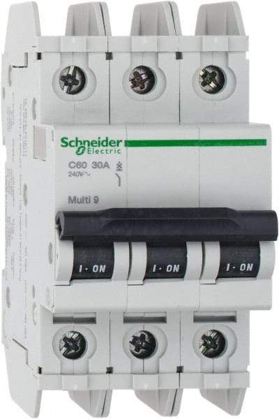 Schneider Electric - 30 Amp, 125 VDC, 240 VAC, 60 VDC, 3 Pole, DIN Rail Mount, Fixed Mount Miniature Circuit Breaker - Thermal Magnetic Trip, Multiple Breaking Capacity Ratings, 73mm Deep x 107mm High x 54mm Wide - Apex Tool & Supply