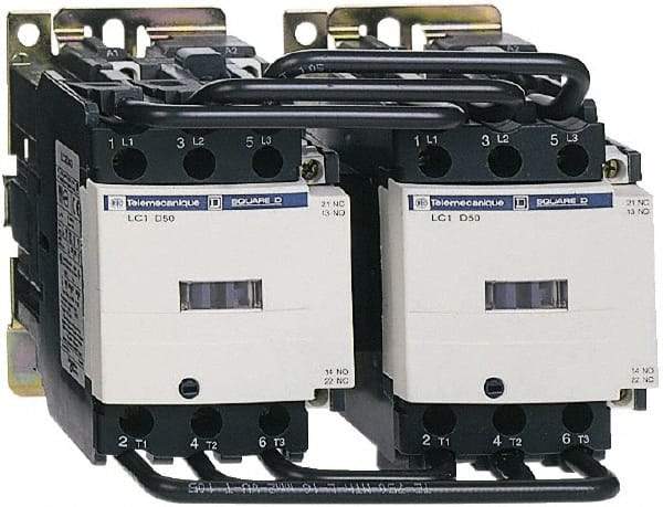 Schneider Electric - 3 Pole, 120 Coil VAC at 50/60 Hz, 50 Amp, Reversible IEC Contactor - Bureau Veritas, CCC, CSA, CSA C22.2 No. 14, DNV, EN/IEC 60947-4-1, EN/IEC 60947-5-1, GL, GOST, LROS, RINA, UL 508, UL Listed - Apex Tool & Supply