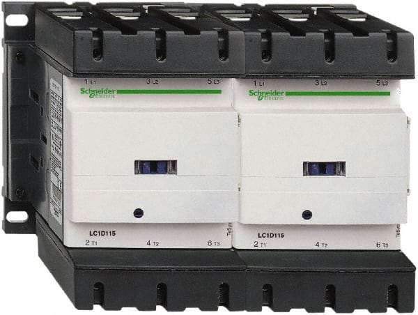 Schneider Electric - 3 Pole, 120 Coil VAC at 50/60 Hz, 115 Amp at 440 VAC, Reversible IEC Contactor - 3 Phase hp: 100 at 575/600 VAC, 30 at 200/208 VAC, 40 at 230/240 VAC, 75 at 460/480 VAC - Apex Tool & Supply