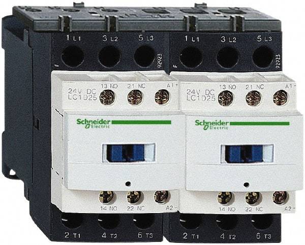 Schneider Electric - 3 Pole, 24 Coil VAC at 50/60 Hz, 9 Amp at 440 VAC, Reversible IEC Contactor - 1 Phase hp: 0.5 at 115 VAC, 1 at 230/240 VAC, 3 Phase hp: 2 at 200/208 VAC, 2 at 230/240 VAC, 5 at 460/480 VAC, 7.5 at 575/600 VAC - Apex Tool & Supply