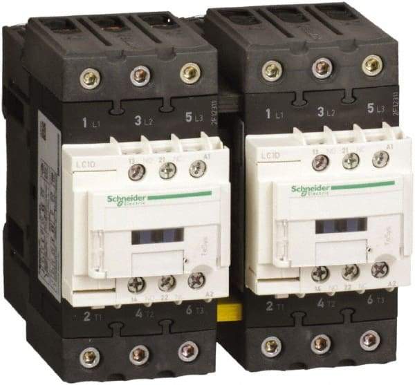 Schneider Electric - 3 Pole, 200 Coil VAC at 50/60 Hz, 65 Amp at 440 VAC, Reversible IEC Contactor - 1 Phase hp: 10 at 230/240 VAC, 5 at 115 VAC, 3 Phase hp: 20 at 200/208 VAC, 20 at 230/240 VAC, 40 at 460/480 VAC, 50 at 575/600 VAC - Apex Tool & Supply
