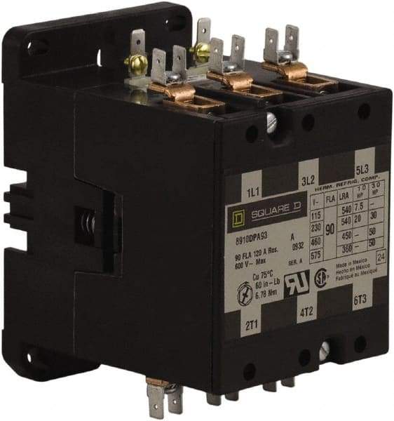 Square D - 3 Pole, 90 Amp Inductive Load, 24 Coil VAC at 50/60 Hz, Definite Purpose Contactor - Phase 1 and Phase 3 Hp:  20 at 230 VAC, 30 at 230 VAC, 50 at 460 VAC, 50 at 575 VAC, 7.5 at 115 VAC, 120 Amp Resistive Rating, CE, CSA, UL Listed - Apex Tool & Supply
