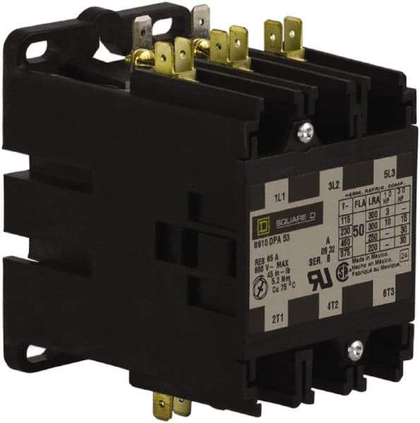 Square D - 3 Pole, 50 Amp Inductive Load, 24 Coil VAC at 50/60 Hz, Definite Purpose Contactor - Phase 1 and Phase 3 Hp:  10 at 230 VAC, 15 at 230 VAC, 3 at 115 VAC, 30 at 460 VAC, 30 at 575 VAC, 65 Amp Resistive Rating, CE, CSA, UL Listed - Apex Tool & Supply