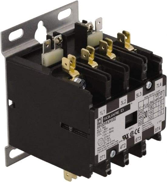 Square D - 4 Pole, 20 Amp Inductive Load, 24 Coil VAC at 50/60 Hz, Definite Purpose Contactor - Phase 1 and Phase 3 Hp:  1.5 at 115 VAC, 3 at 230 VAC, 7.5 at 230 VAC, 7.5 at 460 VAC, 7.5 at 575 VAC, 30 Amp Resistive Rating, CE, CSA, UL Listed - Apex Tool & Supply