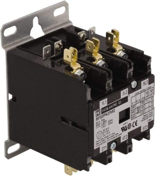 Square D - 3 Pole, 30 Amp Inductive Load, 24 Coil VAC at 50/60 Hz, Definite Purpose Contactor - Phase 1 and Phase 3 Hp:  10 at 230 VAC, 15 at 460 VAC, 2 at 115 VAC, 20 at 575 VAC, 5 at 230 VAC, 40 Amp Resistive Rating, CE, CSA, UL Listed - Apex Tool & Supply