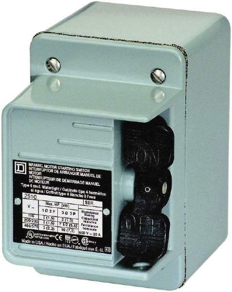 Square D - 2 Poles, 30 Amp, NEMA, Enclosed Toggle Manual Motor Starter - 1 hp at 90 VDC, 1-1/2 hp at 230 VDC, 2 hp at 115 VAC, 2 hp at 115 VDC, 2 hp at 230 VAC, 3 hp at 460 VAC & 3 hp at 575 VAC, CE, CSA, NEMA 4 & UL Listed - Apex Tool & Supply