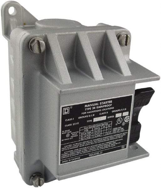 Square D - 2 Poles, 16 Amp, NEMA, Enclosed Toggle Manual Motor Starter - 1 hp at 115 VAC, 1 hp at 230 VAC, 1 hp at 277 VAC, 3/4 hp at 115 VDC & 3/4 hp at 230 VDC, CE, CSA, NEMA 3R/7/9 & UL Listed - Apex Tool & Supply