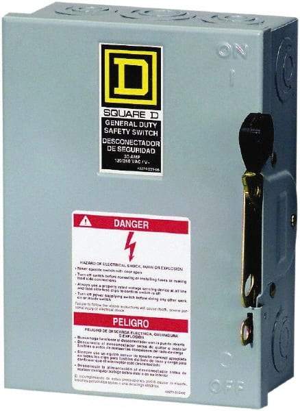 Square D - 30 Amp, 240 V, 2 Pole Fused Safety Switch - NEMA 1, 3 hp at 240 VAC (Single Phase), 7.5 hp at 240 VAC (Triple Phase), DPST Contact Form - Apex Tool & Supply