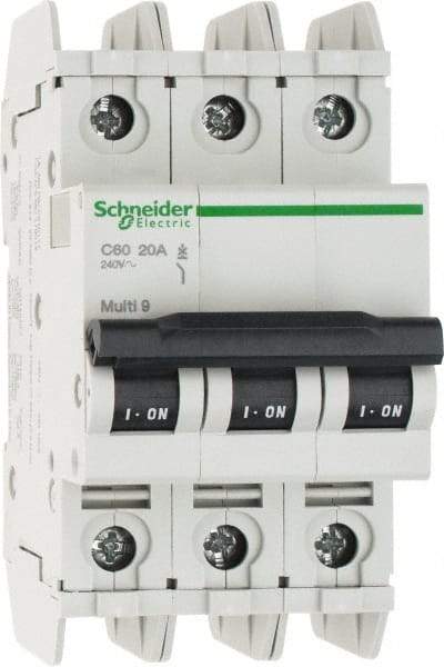 Schneider Electric - 20 Amp, 125 VDC, 240 VAC, 60 VDC, 3 Pole, DIN Rail Mount, Fixed Mount Miniature Circuit Breaker - Thermal Magnetic Trip, Multiple Breaking Capacity Ratings, 73mm Deep x 107mm High x 54mm Wide - Apex Tool & Supply