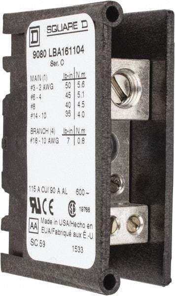 Square D - 1 Pole, 115 (Copper), 90 (Aluminium) Amp, Thermoplastic Power Distribution Block - 600 VAC, 1 Primary Connection - Apex Tool & Supply