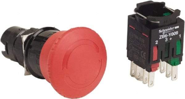 Schneider Electric - 16mm Mount Hole, Extended Mushroom Head, Pushbutton Switch with Contact Block - Round, Red Pushbutton, Maintained (MA), Momentary (MO) - Apex Tool & Supply