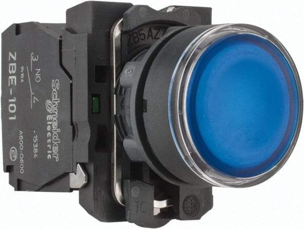 Schneider Electric - 22mm Mount Hole, Flush, Pushbutton Switch with Contact Block - Round, Blue Pushbutton, Illuminated, Momentary (MO) - Apex Tool & Supply