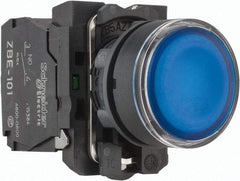 Schneider Electric - 22mm Mount Hole, Flush, Pushbutton Switch with Contact Block - Round, Blue Pushbutton, Illuminated, Momentary (MO) - Apex Tool & Supply
