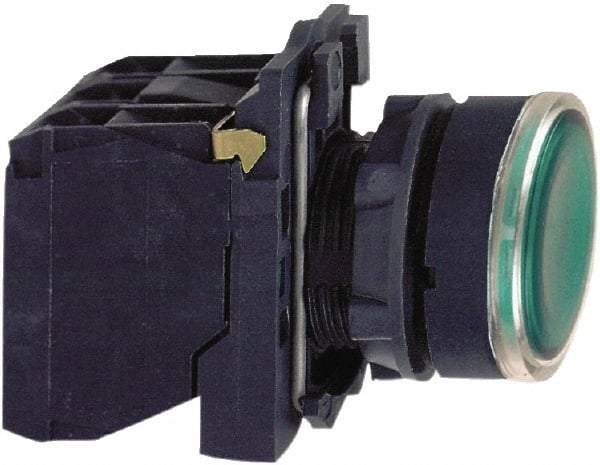 Schneider Electric - 22mm Mount Hole, Flush, Pushbutton Switch with Contact Block - Round, Green Pushbutton, Illuminated, Momentary (MO) - Apex Tool & Supply