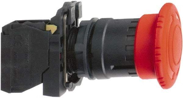 Schneider Electric - 22mm Mount Hole, Extended Mushroom Head, Pushbutton Switch with Contact Block - Round, Red Pushbutton, Maintained (MA), Momentary (MO) - Apex Tool & Supply