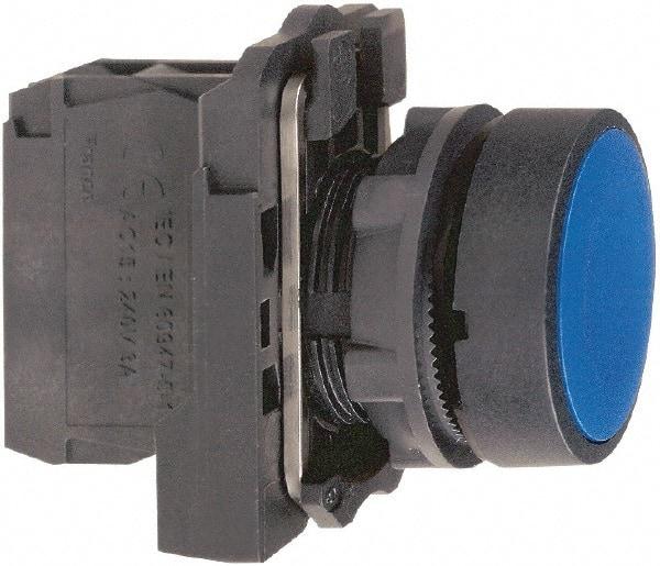 Schneider Electric - 22mm Mount Hole, Flush, Pushbutton Switch with Contact Block - Round, Blue Pushbutton, Momentary (MO) - Apex Tool & Supply