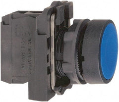 Schneider Electric - 22mm Mount Hole, Flush, Pushbutton Switch with Contact Block - Round, Blue Pushbutton, Momentary (MO) - Apex Tool & Supply