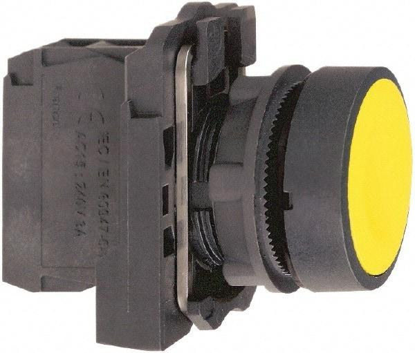 Schneider Electric - 22mm Mount Hole, Flush, Pushbutton Switch with Contact Block - Round, Yellow Pushbutton, Momentary (MO) - Apex Tool & Supply