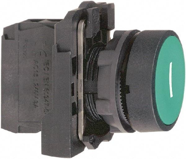 Schneider Electric - 22mm Mount Hole, Flush, Pushbutton Switch with Contact Block - Round, Green Pushbutton, Momentary (MO) - Apex Tool & Supply