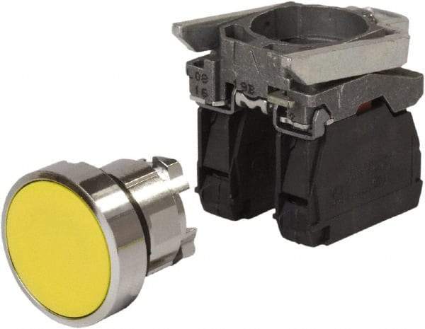 Schneider Electric - 0.87 Inch Mount Hole, Pushbutton Switch with Contact Block - Round, Yellow Pushbutton, Nonilluminated, Momentary (MO), Anticorrosive, Dust Resistant and Vaportight - Apex Tool & Supply