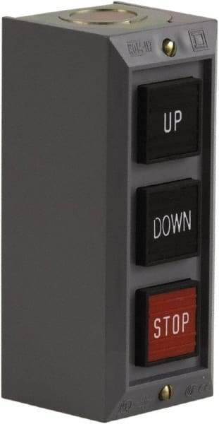 Schneider Electric - 3 Operator, Projecting Pushbutton Control Station - Down, Stop, Up (Legend), Momentary Switch, 2NO/3NC Contact, NEMA 1 - Apex Tool & Supply