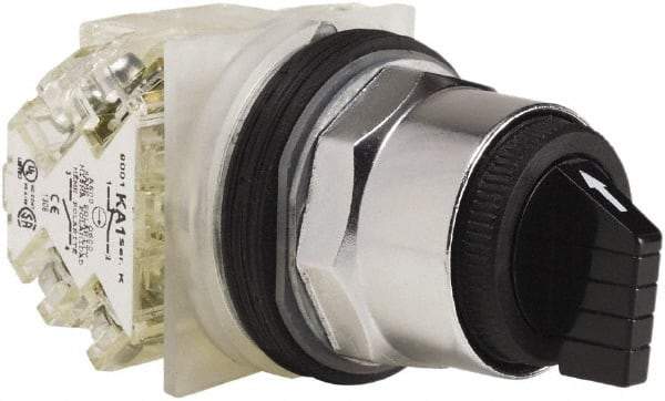 Schneider Electric - 1.18 Inch Mount Hole, 3 Position, Knob and Pushbutton Operated, Selector Switch - Black, Maintained (MA), 2NO/2NC, Weatherproof and Dust and Oil Resistant - Apex Tool & Supply