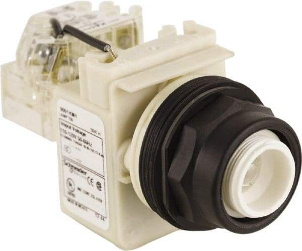 Schneider Electric - 110 VAC at 50/60 Hz via Transformer, 120 VAC at 50/60 Hz via Transformer Press-to-Test Indicating Light - Round Lens, Screw Clamp Connector, Corrosion Resistant, Dust Resistant, Oil Resistant - Apex Tool & Supply