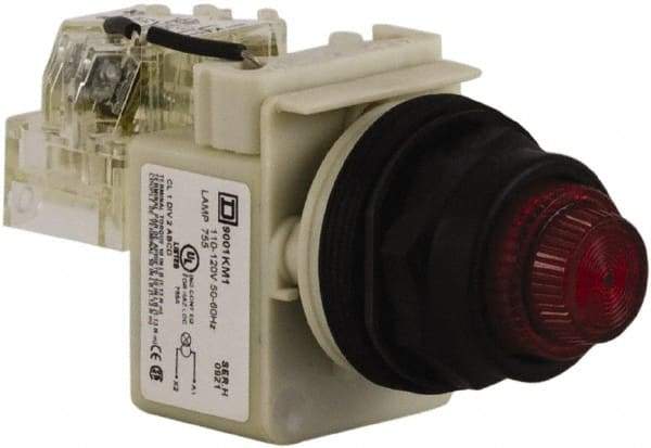 Schneider Electric - 110 VAC at 50/60 Hz via Transformer, 120 VAC at 50/60 Hz via Transformer Red Lens Press-to-Test Indicating Light - Round Lens, Screw Clamp Connector, Corrosion Resistant, Dust Resistant, Oil Resistant - Apex Tool & Supply