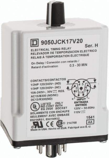 Square D - 0.3 to 30 min Delay, DPDT Time Delay Relay - 10 Contact Amp, 110 VDC & 120 VAC - Apex Tool & Supply