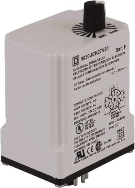 Square D - 0.3 to 30 min Delay, DPDT Time Delay Relay - 10 Contact Amp, 110 VDC & 120 VAC - Apex Tool & Supply