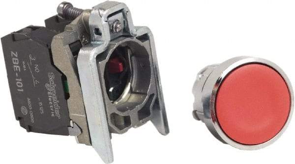 Schneider Electric - 22mm Mount Hole, Pushbutton Switch with Contact Block - Round, Red Pushbutton, Nonilluminated, Momentary (MO), Anticorrosive, Dust Resistant and Vaportight - Apex Tool & Supply