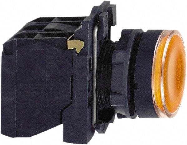 Schneider Electric - 22mm Mount Hole, Flush, Pushbutton Switch with Contact Block - Round, Orange Pushbutton, Illuminated, Momentary (MO) - Apex Tool & Supply