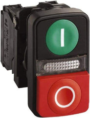 Schneider Electric - 22mm Mount Hole, Extended Straight, Flush, Pushbutton Switch Only - Rectangle, Green and Red Pushbutton, Illuminated, Momentary (MO), On-Off, Shock and Vibration Resistant - Apex Tool & Supply