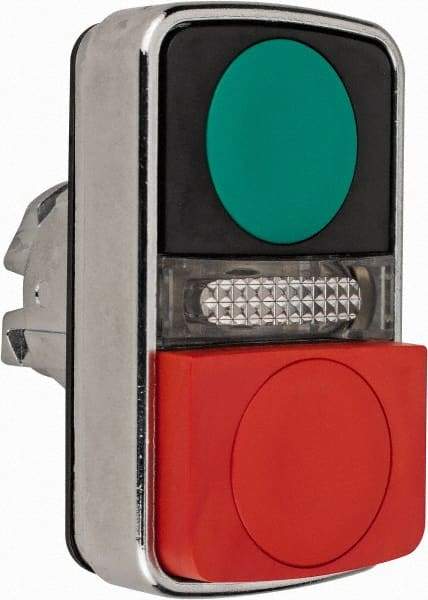 Schneider Electric - 22mm Mount Hole, Extended Straight, Flush, Pushbutton Switch Only - Rectangle, Green and Red Pushbutton, Illuminated, Momentary (MO), On-Off, Shock and Vibration Resistant - Apex Tool & Supply