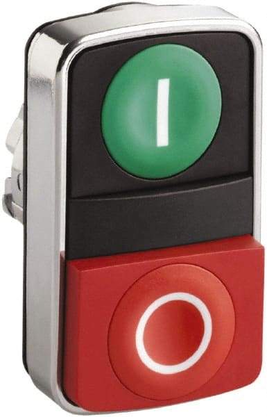 Schneider Electric - 22mm Mount Hole, Extended Straight, Flush, Pushbutton Switch Only - Rectangle, Green and Red Pushbutton, Nonilluminated, Momentary (MO), On-Off, Shock and Vibration Resistant - Apex Tool & Supply