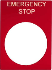 Schneider Electric - Rectangular, PVC Legend Plate - Emergency Stop - Red Background, White Letters, 22mm Hole Diameter, 30mm Wide x 40mm High - Apex Tool & Supply