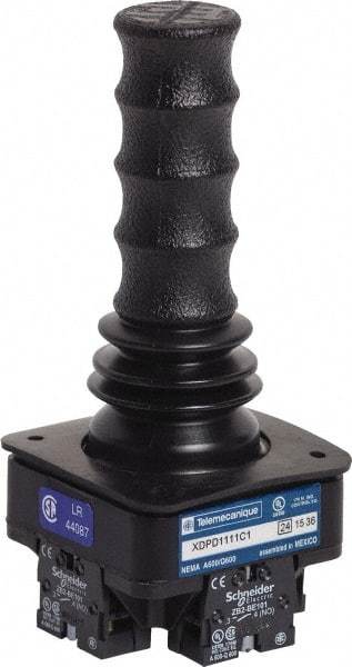 Schneider Electric - 2/4 Position, 10 Amp, 4.44 Inch Long, -40 to 140°F, Pushbutton Handle, Momentary (MO) Joystick Switch - 6.252 Inch High x 2.56 Inch Deep x 2.56 Inch Wide, 15 VDC, Panel Mount, IP65, 1.88 Inch Mount Hole Diameter - Apex Tool & Supply