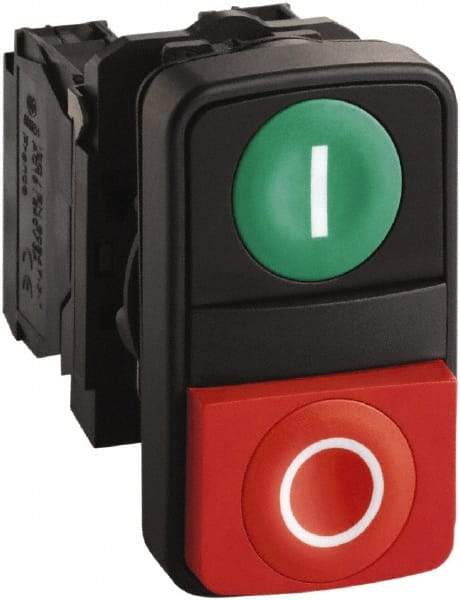 Schneider Electric - 22mm Mount Hole, Extended Straight, Flush, Pushbutton Switch Only - Rectangle, Green and Red Pushbutton, Nonilluminated, Momentary (MO), Shock and Vibration Resistant - Apex Tool & Supply
