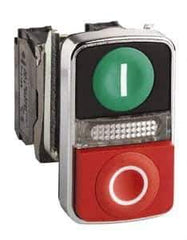 Schneider Electric - 22mm Mount Hole, Extended Straight, Flush, Pushbutton Switch Only - Rectangle, Green and Red Pushbutton, Illuminated, Momentary (MO), On-Off, Shock and Vibration Resistant - Apex Tool & Supply