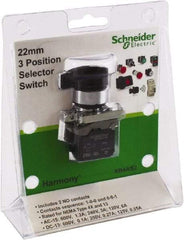 Schneider Electric - 22mm Mount Hole, 3 Position, Lever Operated, Selector Switch with Contact Blocks - Black, Maintained (MA), Nonilluminated, 1 Contact Block, 2NO - Apex Tool & Supply