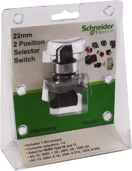 Schneider Electric - 22mm Mount Hole, 2 Position, Lever Operated, Selector Switch with Contact Blocks - Black, Maintained (MA), Nonilluminated, 1 Contact Block - Apex Tool & Supply