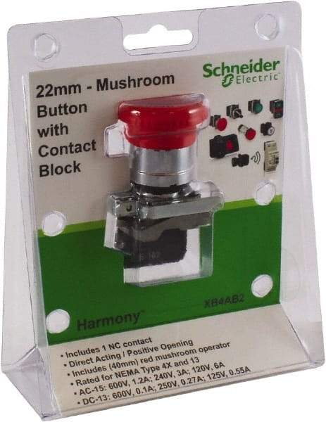 Schneider Electric - 22mm Mount Hole, Extended Mushroom Head, Pushbutton Switch with Contact Block - Round, Red Pushbutton, Nonilluminated - Apex Tool & Supply