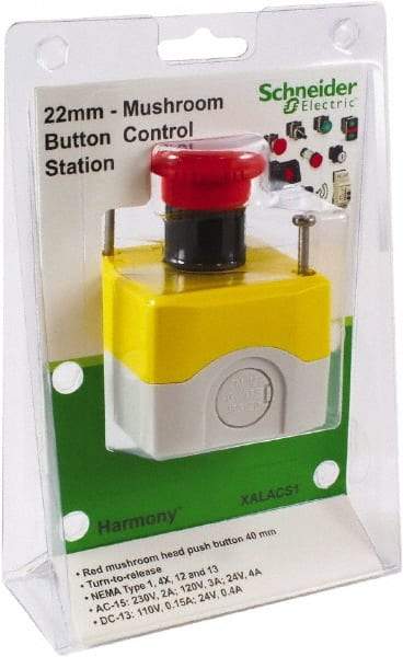 Schneider Electric - 1 Operator, Mushroom Head Control Station - No Legend, Turn to Release Switch, NC Contact, NEMA 1, 12, 13, 3, 3R, 4 - Apex Tool & Supply