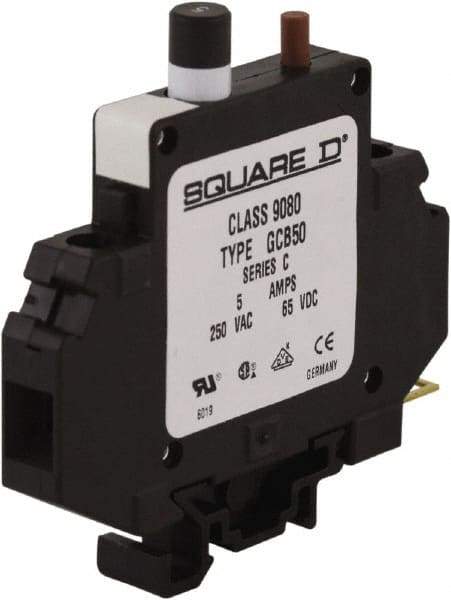 Square D - 5 Amp, 250 VAC, 65 VDC, 1 Pole, DIN Rail Mount Circuit Protector - Thermal Magnetic Trip, 16-10 AWG, 64mm Deep x 80mm High x - Apex Tool & Supply