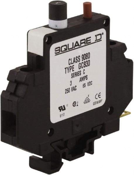 Square D - 3 Amp, 250 VAC, 65 VDC, 1 Pole, DIN Rail Mount Circuit Protector - Thermal Magnetic Trip, 16-10 AWG, 64mm Deep x 80mm High x - Apex Tool & Supply