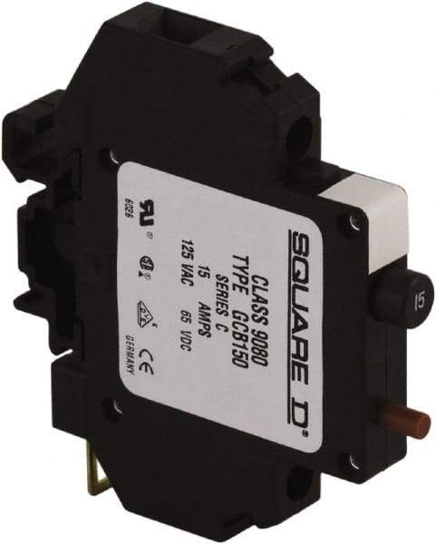Square D - 15 Amp, 125 VAC, 65 VDC, 1 Pole, DIN Rail Mount Circuit Protector - Thermal Magnetic Trip, 16-10 AWG, 64mm Deep x 80mm High x - Apex Tool & Supply