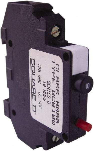 Square D - 10 Amp, 125 VAC, 65 VDC, 1 Pole, DIN Rail Mount Circuit Protector - Thermal Magnetic Trip, 16-10 AWG, 64mm Deep x 80mm High x - Apex Tool & Supply