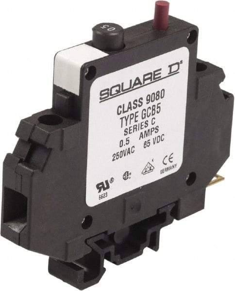 Square D - 0.50 Amp, 250 VAC, 65 VDC, 1 Pole, DIN Rail Mount Circuit Protector - Thermal Magnetic Trip, 16-10 AWG, 64mm Deep x 80mm High x - Apex Tool & Supply