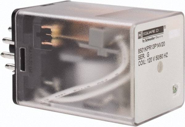 Square D - 11 Pins, 1 hp at 277 Volt & 1/3 hp at 120 Volt, 3 VA Power Rating, Octal Electromechanical Plug-in General Purpose Relay - 10 Amp at 250 VAC, 3PDT, 120 VAC at 50/60 Hz, 34.9mm Wide x 50.3mm High x 35.4mm Deep - Apex Tool & Supply